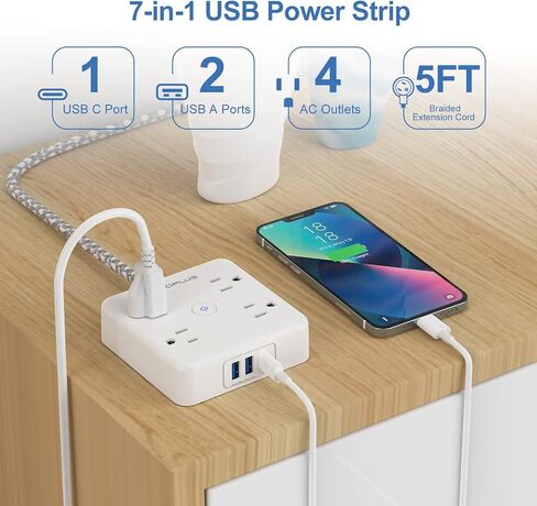 AUOPLUS Surge Protector Power Strip - 4 Widely Outlets with 3 USB Ports(1 USB C Outlet/PD 20W), Outlet Extender with 5FT Braided Extension Cord, Wall Mount for Travel Home Office, Dorm Essentials in Saudi Arabia