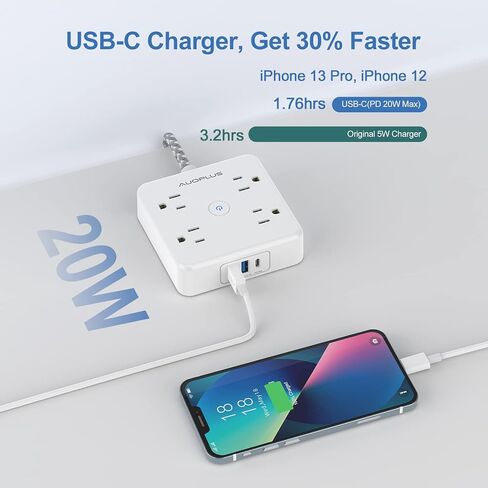 AUOPLUS Surge Protector Power Strip - 4 Widely Outlets with 3 USB Ports(1 USB C Outlet/PD 20W), Outlet Extender with 5FT Braided Extension Cord, Wall Mount for Travel Home Office, Dorm Essentials in Saudi Arabia