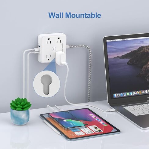 AUOPLUS Surge Protector Power Strip - 4 Widely Outlets with 3 USB Ports(1 USB C Outlet/PD 20W), Outlet Extender with 5FT Braided Extension Cord, Wall Mount for Travel Home Office, Dorm Essentials in Saudi Arabia