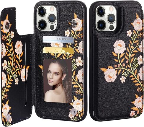 Durable Flip Case Compatible with iPhone 13 Pro,Cute Flowers Card Holder Case with Wallet for Women and Girls,Exclusive Copyright Floral Design-Black Vase Flower in Saudi Arabia