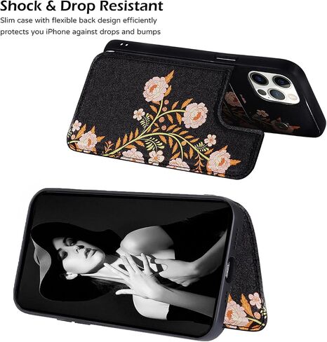 Durable Flip Case Compatible with iPhone 13 Pro,Cute Flowers Card Holder Case with Wallet for Women and Girls,Exclusive Copyright Floral Design-Black Vase Flower in Saudi Arabia