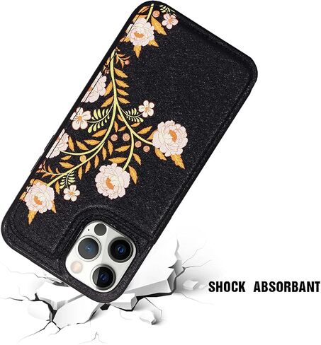 Durable Flip Case Compatible with iPhone 13 Pro,Cute Flowers Card Holder Case with Wallet for Women and Girls,Exclusive Copyright Floral Design-Black Vase Flower in Saudi Arabia