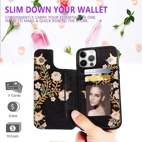 Durable Flip Case Compatible with iPhone 13 Pro,Cute Flowers Card Holder Case with Wallet for Women and Girls,Exclusive Copyright Floral Design-Black Vase Flower in Saudi Arabia
