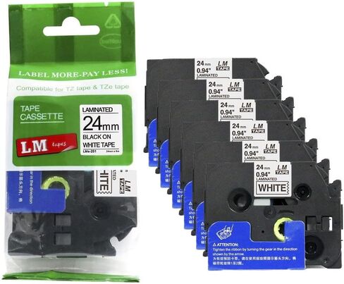 6/حزمة أشرطة LM - LMe-251 طباعة سوداء ممتازة مقاس 1 بوصة على ملصق أبيض متوافق مع Brother TZe-251 P-touch وتتضمن دليل لون/حجم الشريط. يستبدل TZ251 24 مم 0.94 مصفح in Saudi Arabia