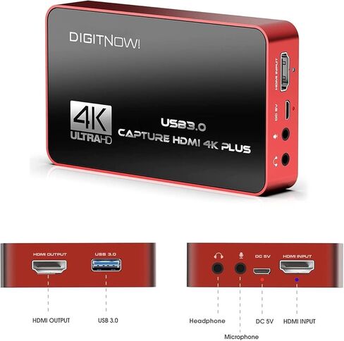 بطاقة التقاط فيديو 4K HD USB 3.0 مع حلقة HDMI، 4K60 HDR بدون تأخير، بطاقة التقاط 4K30 لتسجيل الفيديو، البث المباشر، متوافقة مع PS4/Pro، PS5، Xbox One X/S، Xbox 360 in Kuwait