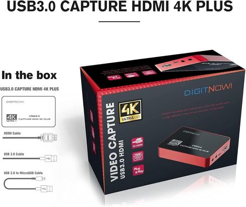 بطاقة التقاط فيديو 4K HD USB 3.0 مع حلقة HDMI، 4K60 HDR بدون تأخير، بطاقة التقاط 4K30 لتسجيل الفيديو، البث المباشر، متوافقة مع PS4/Pro، PS5، Xbox One X/S، Xbox 360 in Kuwait