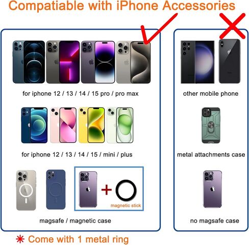 حامل حلقي Magsafe بمقبض هاتف مغناطيسي، حامل هاتف مصنوع من خليط معدني غير لامع قابل للدوران بمقبض إصبع لهاتف iPhone 15/14/13/12 Pro Max، Pro، Mini، متوافق مع حافظة MagSafe، أسود in Kuwait