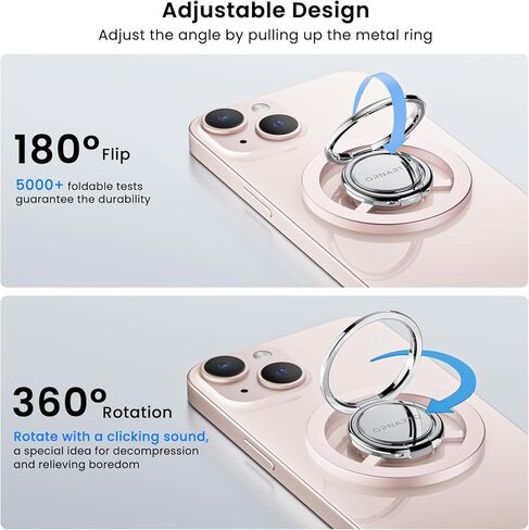 حامل حلقة هاتف مغناطيسي من ORNARTO، مقبض هاتف مع مسند قابل للتعديل، حامل حلقة هاتف خلوي معدني مصقول متوافق مع سلسلة iPhone 15/14/13/12 - وردي in Kuwait