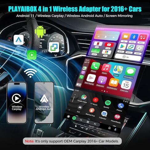 محول لاسلكي تلقائي 4 في 1 يعمل بنظام Android، محول CarPlay اللاسلكي لسيارات 2016+، سلكي إلى صندوق Ai الذكي اللاسلكي لسيارات OEM السلكية، يدعم النسخ المتطابق على YouTube/الشبكة/الشاشة، اتصال تلقائي سريع، تأخر منخفض in Saudi Arabia