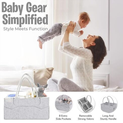 H & H Creations Diaper Caddy for Travelling, Nursery Essentials and Storage, Foldable with 3 Compartments and 8 Side Pockets, 3mm Felt Fabric with Matt Finishing, Baby Diaper Organizer, Grey in Saudi Arabia