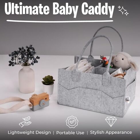 H & H Creations Diaper Caddy for Travelling, Nursery Essentials and Storage, Foldable with 3 Compartments and 8 Side Pockets, 3mm Felt Fabric with Matt Finishing, Baby Diaper Organizer, Grey in Saudi Arabia