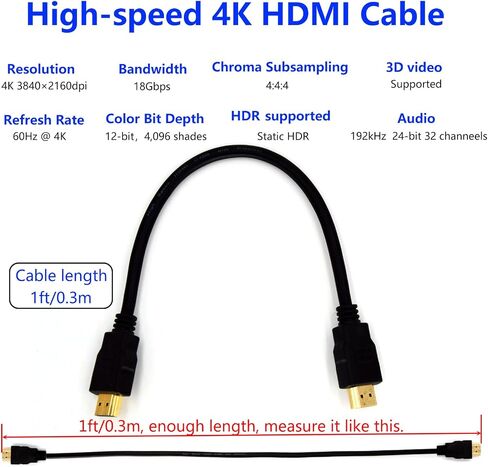 Premium 4K Short HDMI Cable 2.0 with Ethernet - HDMI 4K Cable 2.0 (4K @ 60Hz) Ready - High Speed 18Gbps - Gold Plated Connectors - ARC - Video 4K Ultra HD 2160p 1080p 3D HDR - HDMI Cable 1 ft/0.3m in Saudi Arabia