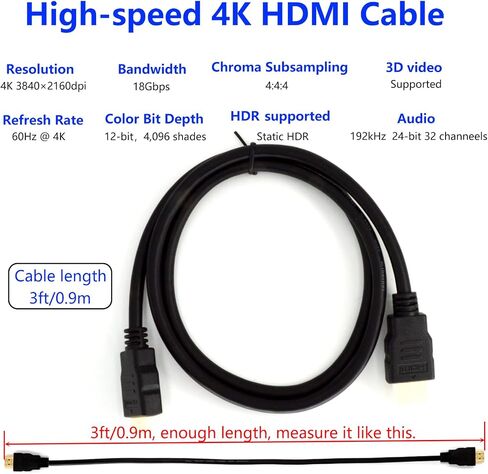 Premium 4K Short HDMI Cable 2.0 with Ethernet - HDMI 4K Cable 2.0 (4K @ 60Hz) Ready - High Speed 18Gbps - Gold Plated Connectors - ARC - Video 4K Ultra HD 2160p 1080p 3D HDR - HDMI Cable 1 ft/0.3m in Saudi Arabia