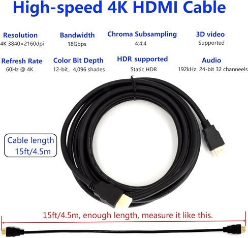 Premium 4K Short HDMI Cable 2.0 with Ethernet - HDMI 4K Cable 2.0 (4K @ 60Hz) Ready - High Speed 18Gbps - Gold Plated Connectors - ARC - Video 4K Ultra HD 2160p 1080p 3D HDR - HDMI Cable 1 ft/0.3m in Saudi Arabia