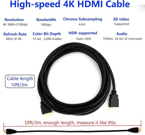 Premium 4K Short HDMI Cable 2.0 with Ethernet - HDMI 4K Cable 2.0 (4K @ 60Hz) Ready - High Speed 18Gbps - Gold Plated Connectors - ARC - Video 4K Ultra HD 2160p 1080p 3D HDR - HDMI Cable 1 ft/0.3m in Saudi Arabia