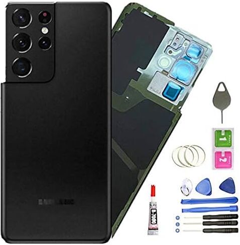 غطاء خلفي زجاجي بديل لهاتف Galaxy S21 Ultra مع أجزاء زجاجية لعدسة الكاميرا وشريط مثبت مسبقًا لهاتف Samsung Galaxy S21 Ultra S21U SM-G998B G998U G998U1 G998W (أسود فانتوم) in Kuwait