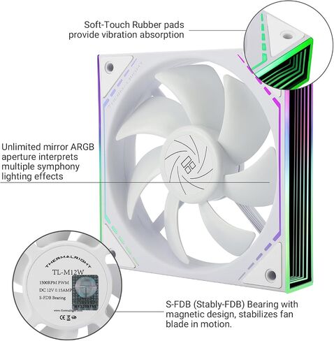 Thermalright TL-M12W CPU Fan 120mm Case Cooler Fan ARGB, 4pin PWM Connector Silent Computer Fan with S-FDB Bearing,Desktop Cooling Fan has Side ARGB Mirror Light Effect (TL-M12W) in Saudi Arabia