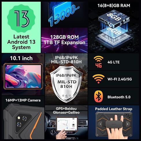 Blackview Android 13 Tablet, 10.1 inch Rugged Tablet, 13000 mAh Battery Octa-core Tablet,16GB RAM+128GB ROM+1TB Expand Android Tablet, 16MP+13MP Camera Waterproof Tablet, 4GLTE/5G WiFi/OTG-Orange in Saudi Arabia