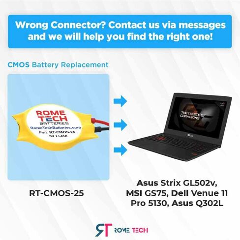 بطارية Rome Tech CR1220 CMOS لجهاز MSI GS75، Asus Q302L - بطارية احتياطية للكمبيوتر المحمول BIOS RTC 3V CR 1220 مع موصل عادي بسلك طويل (عبوة واحدة) in Saudi Arabia