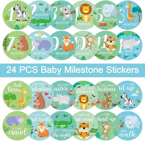 24 Newborn Baby Monthly Milestone Stickers - Jungle Animals Baby Milestone Stickers Month Stickers for Baby Boy Girl New Mom Baby Growth Stickers Photo Props in Kuwait