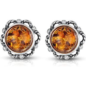 Amberta 925 Sterling Silver with Genuine Baltic Amber - Earrings for Women - Bloom Button Ball - Studs with Various Stone Colors