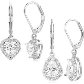 2-4 Pairs Dangle Earrings Set White Gold Plated Round Square Heart Cut Clear Cubic Zirconia Halo Drop Earrings for Women