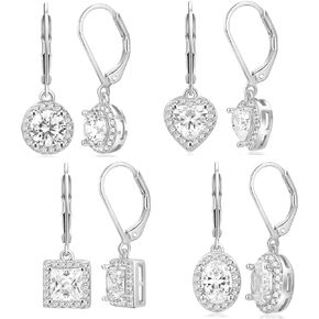 2-4 Pairs Dangle Earrings Set White Gold Plated Round Square Heart Cut Clear Cubic Zirconia Halo Drop Earrings for Women