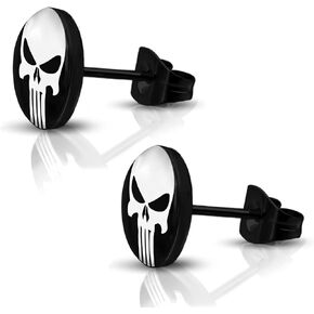 Stainless Steel Punisher Skull Round Circle Button Stud Post Earrings