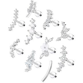 10Pcs 16G G23 Titanium Cartilage Earrings Stud Opal CZ Flower Star Leaf Ball Flat Back Labret Studs Conch Helix Tragus Daith Piercing Jewelry Sets for Women Silver Tone