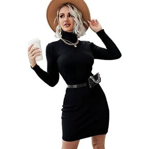 WDIRARA Women's Turtleneck Ribbed Long Sleeve Sweater Dress Bodycon Mini Dress