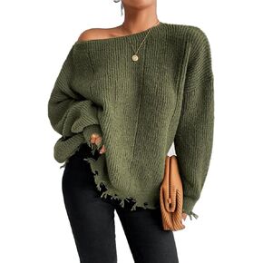 Womens Long Sleeve Tops Fall Sweaters for Women Boat Neck Ribbed Knit Sweater Solid Color Ladies Tops