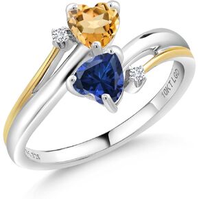 Gem Stone King 925 Sterling Silver and 10K Yellow Gold Yellow Citrine Blue Created Sapphire and White Lab Grown Diamond 2 Heart Promise Couple Engagement Mother Ring (0.98 Cttw, Gemstone Birthstone)