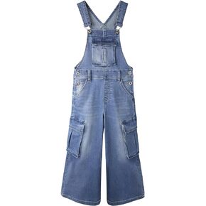 KIDSCOOL SPACE Girls Denim Overalls,Wide Leg Accordion Deep Heel Pockets Cargo Jeans Dungarees