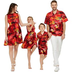 Matchable Family Hawaiian Luau Men Women Girl Boy Clothes in Sunset Red
