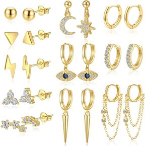 OPFIV 11 Pairs 14K Gold Plated Cartilage Studs Earrings and Hoops Set for Multiple Piercing Hypoallergenic Dainty Star Moon Evil Eye CZ Ball Chain Hoop Dangle Earrings for Women Girls