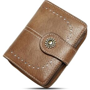 Small Womens Wallet Leather RFID Blocking Bifold Compact Card Holder Ladies Zipper Accordion Pocket with ID Window Beige＆Brown