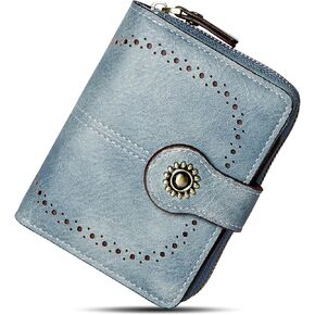 Small Womens Wallet Leather RFID Blocking Bifold Compact Card Holder Ladies Zipper Accordion Pocket with ID Window Beige＆Brown