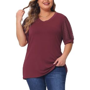 Agnes Orinda Plus Size Tops for Women V Neck Swiss Dots Puff Sleeve Shirts Loose Casual Blouses Tee Shirt