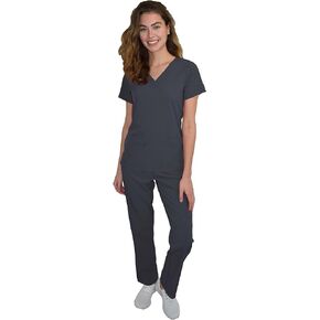 Green Town Scrubs for Women Scrub Set - V-Neck Top and Straight Leg Pant, 5 Pockets, Easy Care, Solids and Prints Uniforms -Pewter-Small Petite