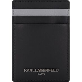 Karl Lagerfeld Paris Men's Nappa Grey Bubble Leather Iconic Logo on a Gunmetal Plate Card Holder, Black_logo4, One Size