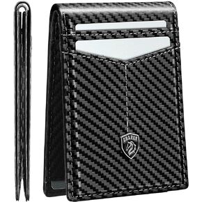 Minimalist Wallet for Men Slim Rfid Blocking Credit Card Holder Front Pocket Mens Wallet with 11 Slots Carbon Fiber Thin Money Clip with Gift Box (Retro)