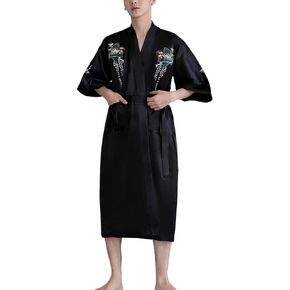 Unisex Satin Bathrobe Floral Embroidered Half Sleeve Lightweight Bath Robe Nightgown Sleepwear Pajamas in Kuwait