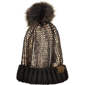 C.C Women's Faux Fur Pom Shiny Metallic Finished Knit Beanie Hat