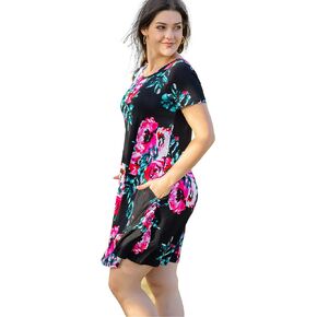 Women Casual Crewneck Short Sleeve Pockets Swing T-Shirt Dress
