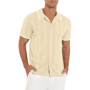 Men's Casual Button Down Shirt Short Sleeve Vintage Clothes Knit Polo Shirts Summer Beach Shirts in Kuwait