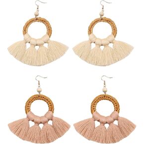 2 Paris Handmade Rattan Large Circle Wooden Rattan Tassel Dangle Earrings with Cotton Thread Fringe Drop Earrings Statement Jewelry for Women