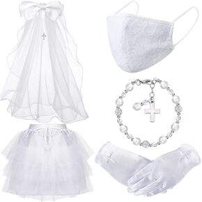 Girls First Holy Communion Accessories Set 5 Pcs, Communion Headpiece with Veil Gloves, Cross Pearl Bracelet, Communion Face Cover Elastic Petticoat Underskirt for Kids Party Wedding
