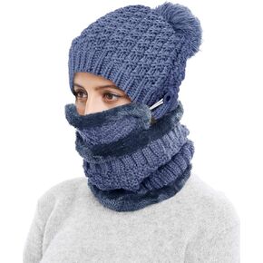 Winter Beanie Hat Scarf and Mask Set for Women, Thick Warm Slouchy Knit Fleece Lined Skull Knit Cap Scarf Mouth Mask 3 Pieces