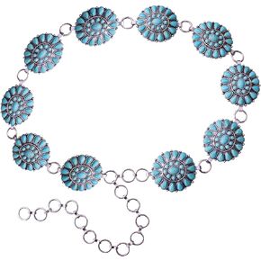 Wonderent Western Turquoise Flower Concho Chain Belt No.19