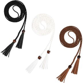 WOWOGO 3 Pack Women Thin Tassel Braided Waist Belt Skinny Woven Tassel Belt